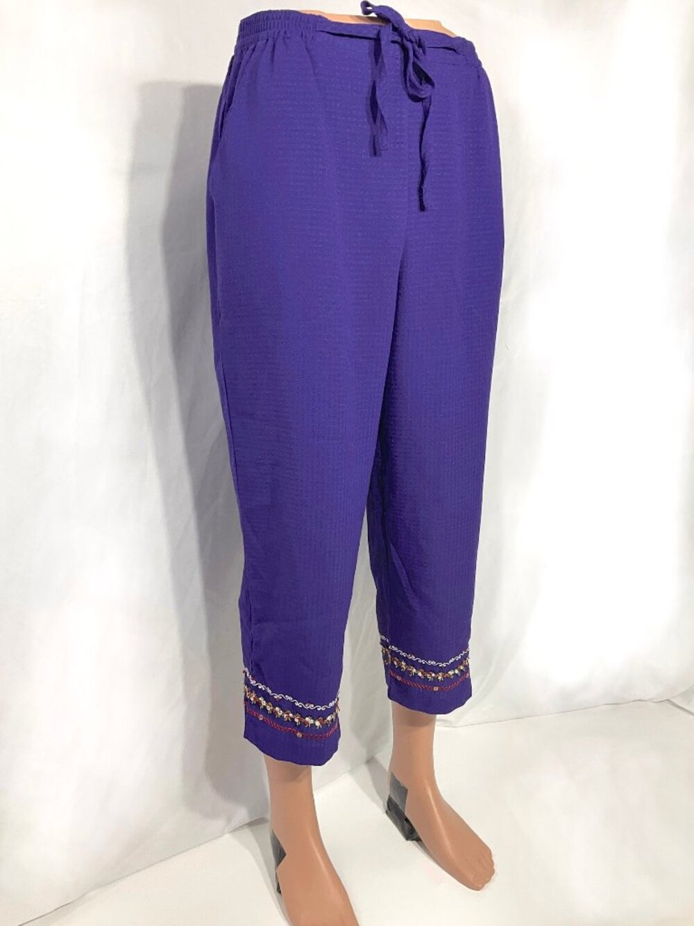 Vintage Koret Sz Large Purple Capri Womens Pants Knit Cropped Embroidery